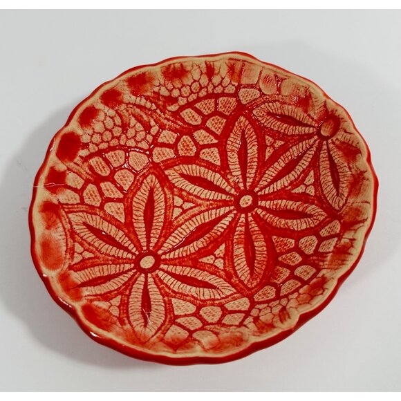 Handcrafted Red Floral Ceramic Bowl Textured Lace / Floral Design Decorative - Picture 1 of 9